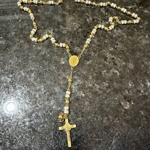 Gold and White Rosary Necklace with Cross Pendant